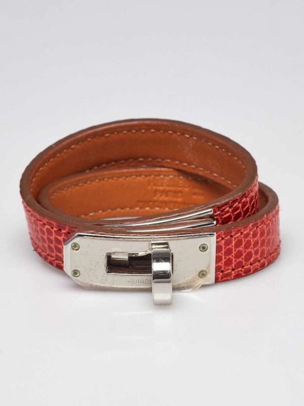 Hermes Bougainvillea Lizard Palladium Plated Kelly Double Tour Bracelet Size XS